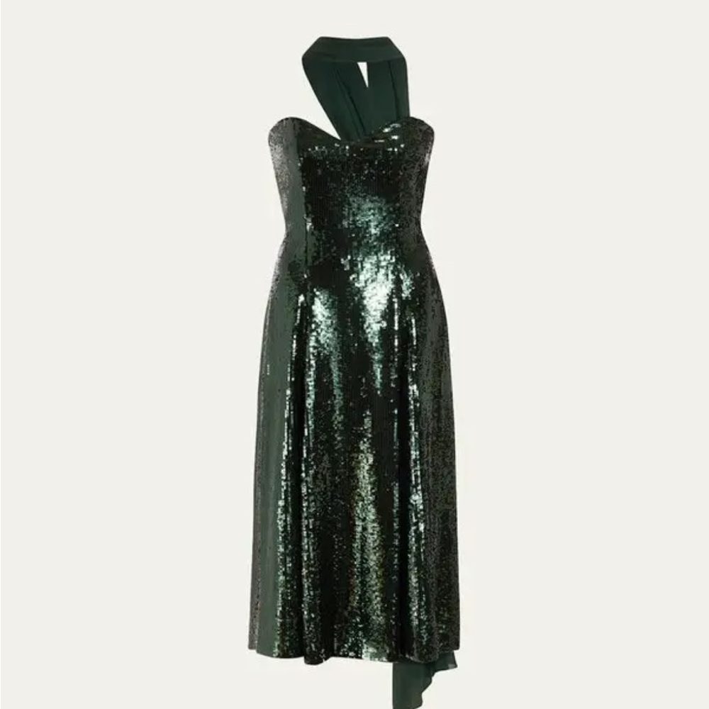 Markarian Veronica Emerald Green Sequined Midi Dress With Neck Scarf